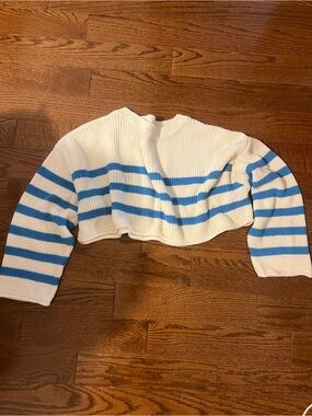 ZARA Striped Off-Shoulder Knit Top in White and Blue